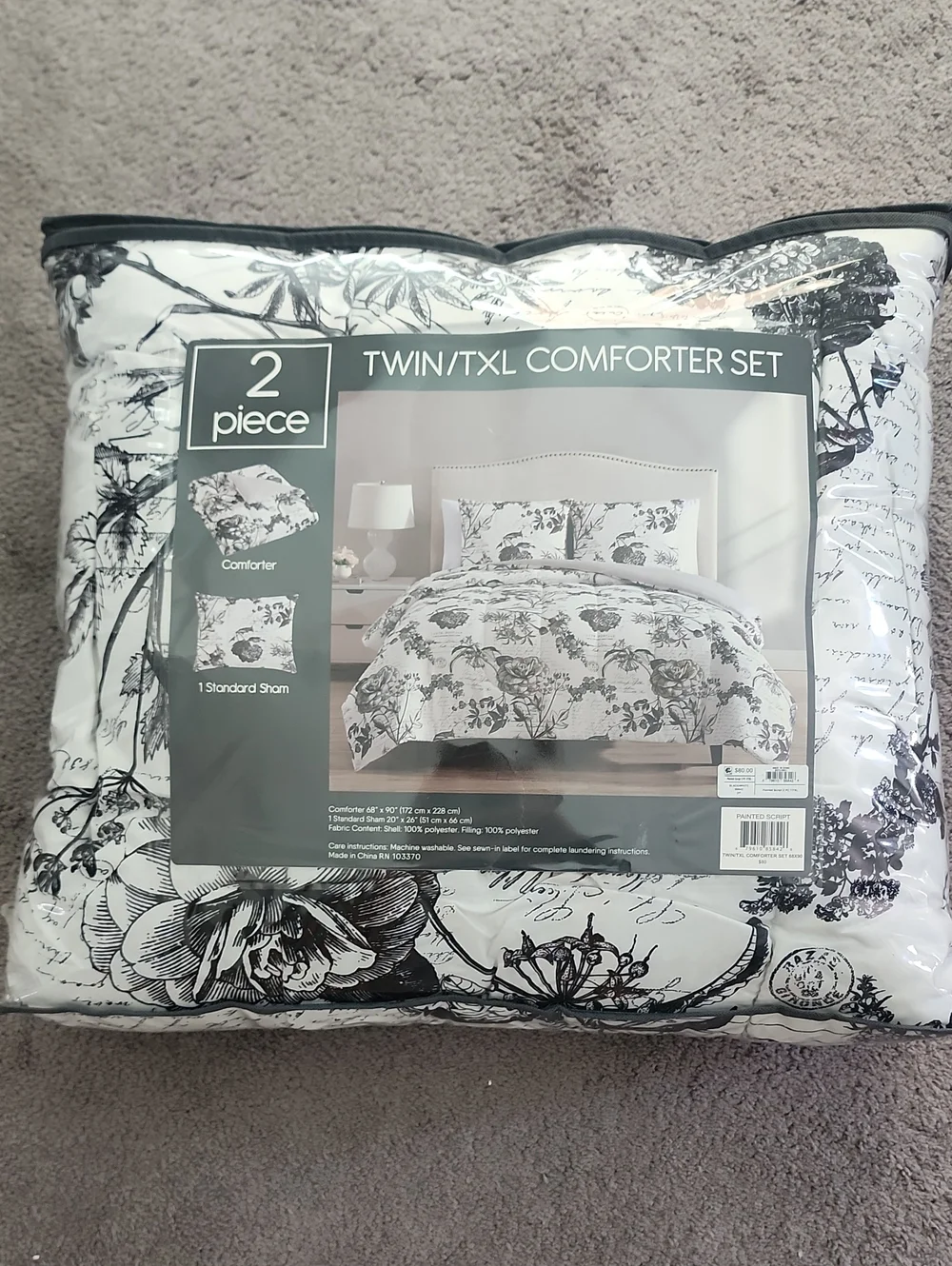 Twin/TXL Black and White Floral Comforter Set - 2 Piece
